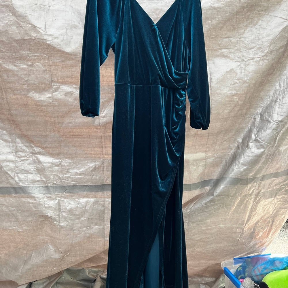 Amazon Blue Velvet Wrap Gown with Bishop Sleeves